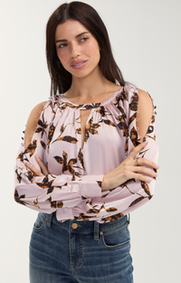 Liverpool Floral Blouse w/Button Sleeve Detail