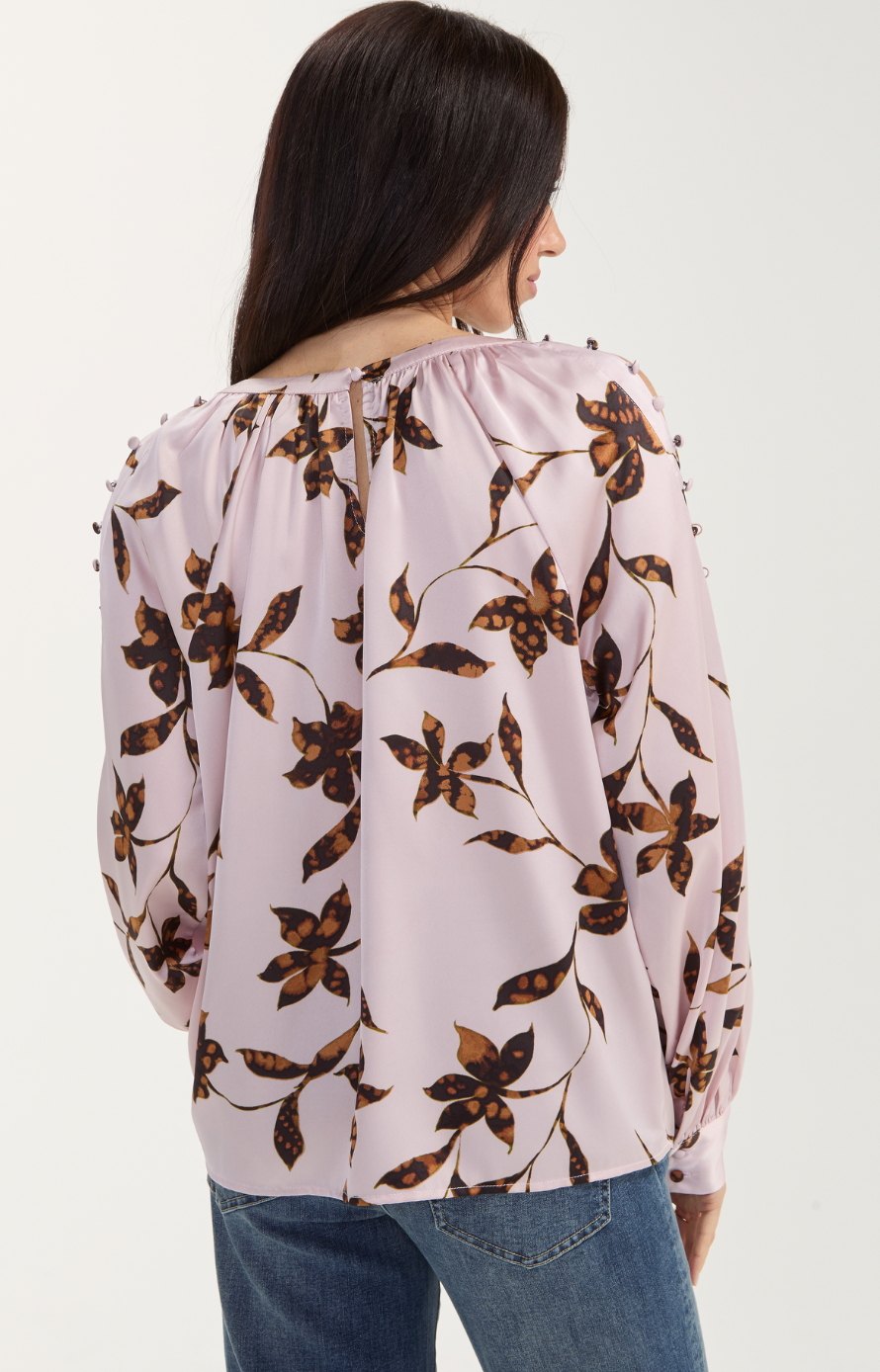 Liverpool Floral Blouse w/Button Sleeve Detail