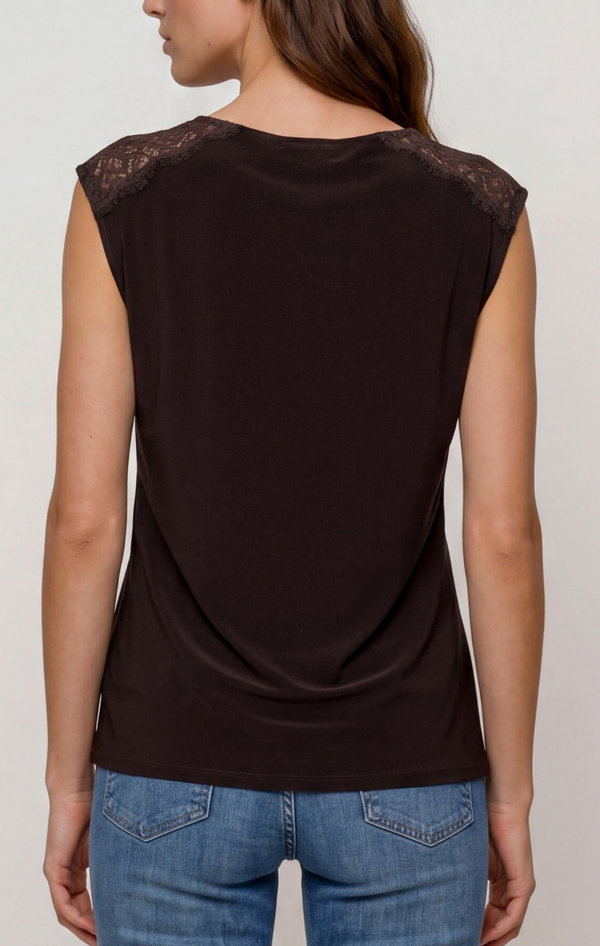 Liverpool Draped Neck Sleeveless Top w/Lace