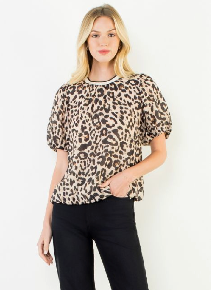Flowy Puff Sleeve Animal Print Top