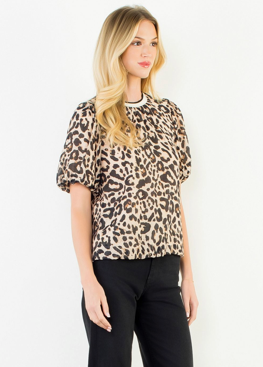 Flowy Puff Sleeve Animal Print Top