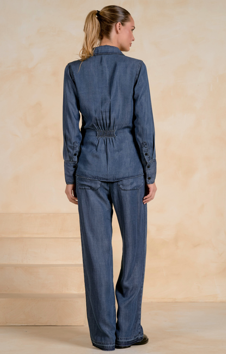 Elan Denim Rouched Back Top