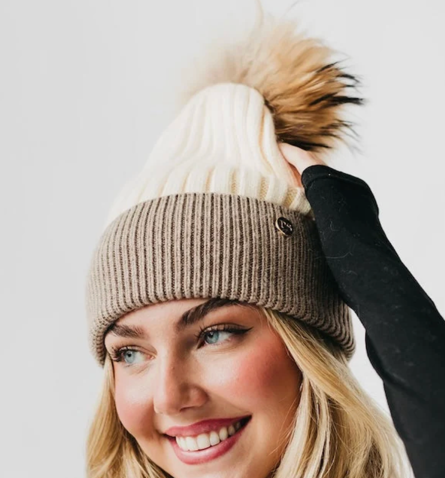 2 Tone Angora Knit Fur Pom Beanie