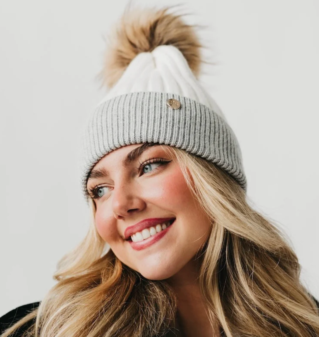 2 Tone Angora Knit Fur Pom Beanie
