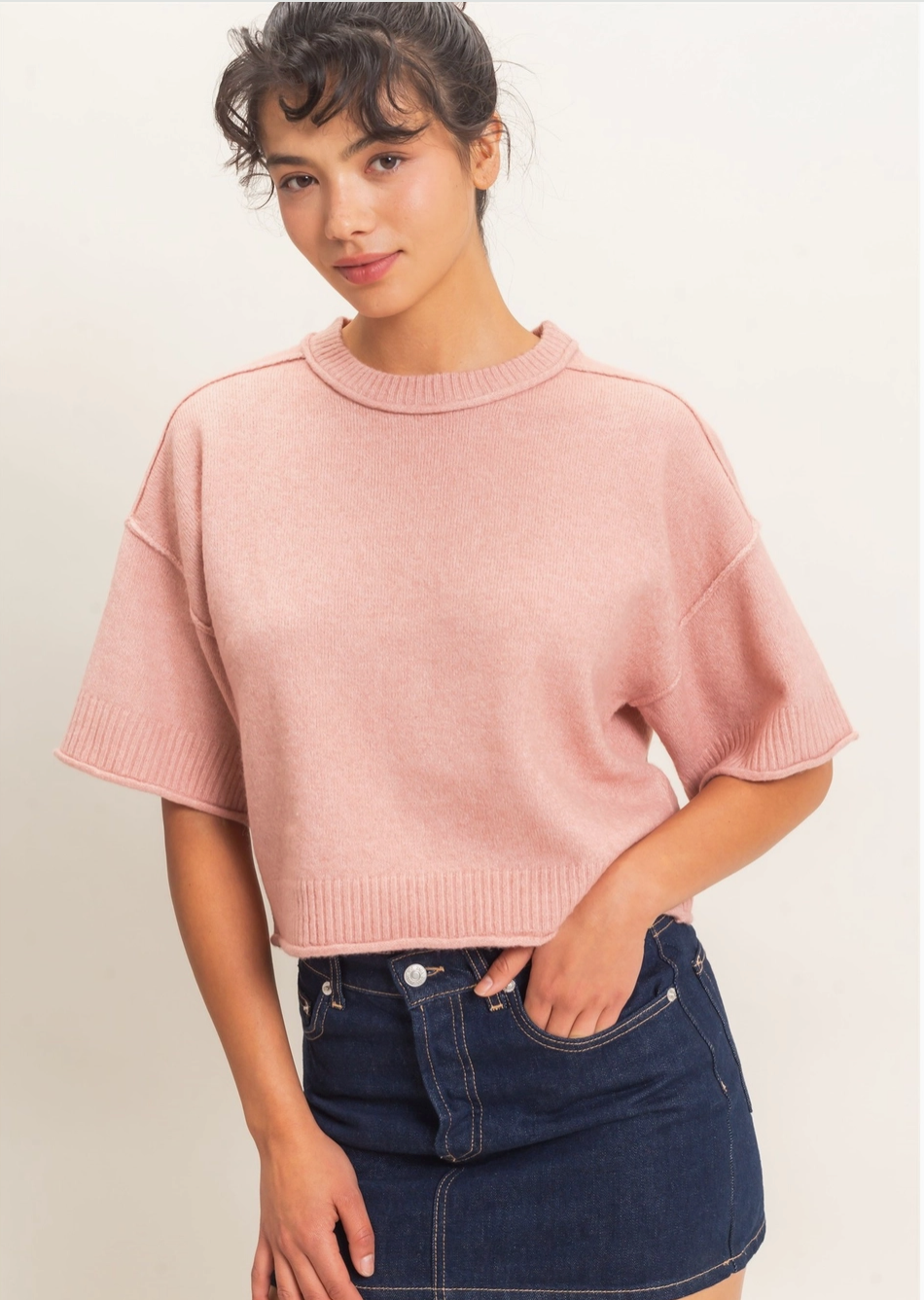 Seam Detail Short Sleeve Sweater-Pink