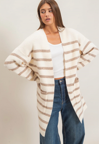 Open Front Stripe Cardigan-Sand
