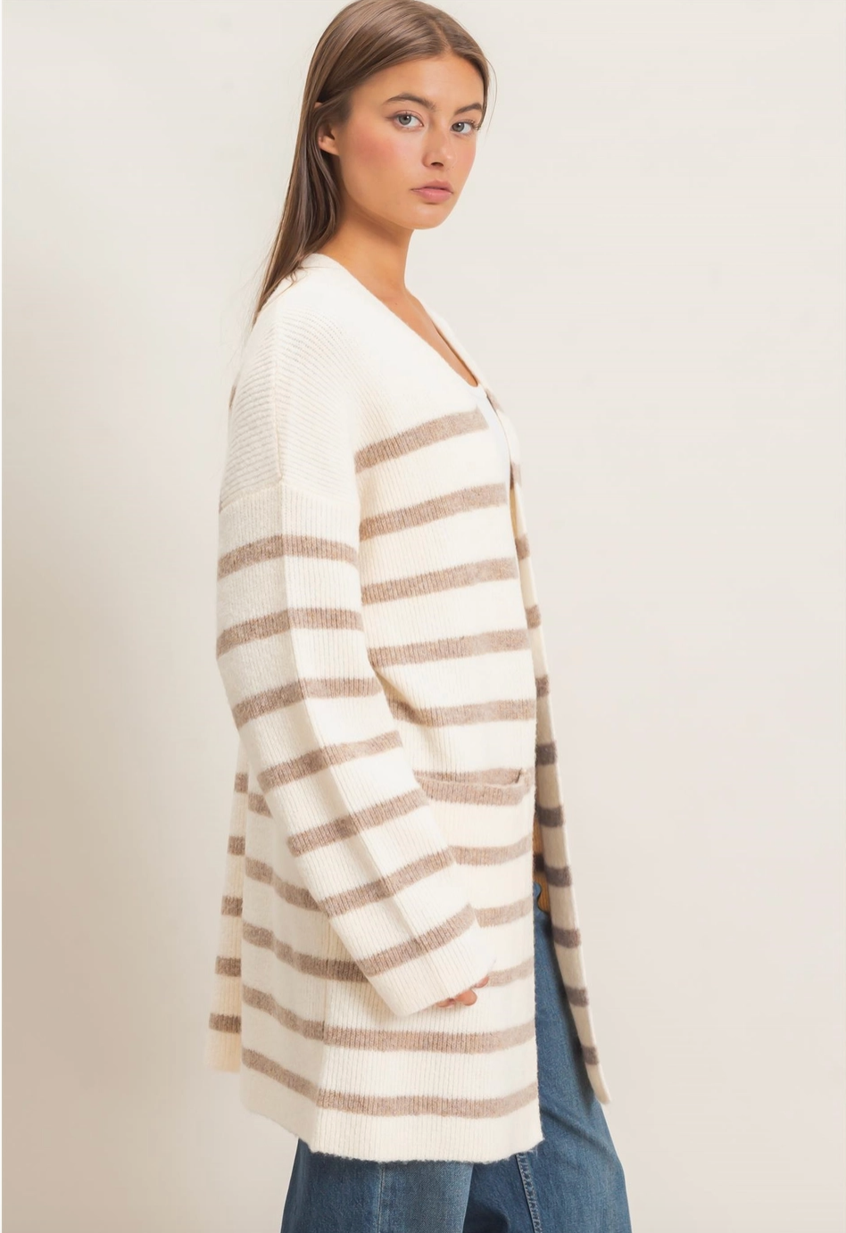 Open Front Stripe Cardigan-Sand