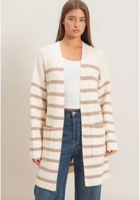 Open Front Stripe Cardigan-Sand