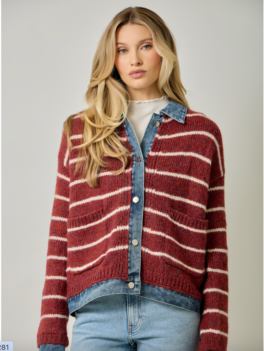 Striped Denim Hem Sweater Jacket