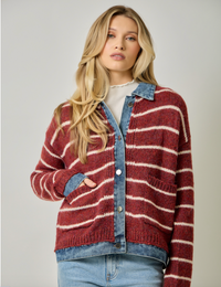 Striped Denim Hem Sweater Jacket