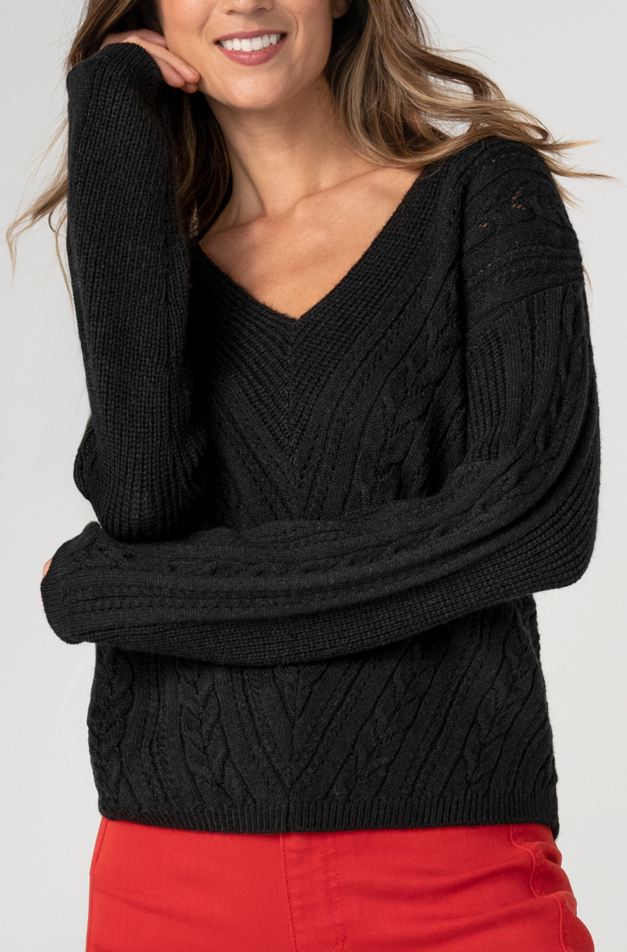 Liverpool Cable Knit V-neck Sweater