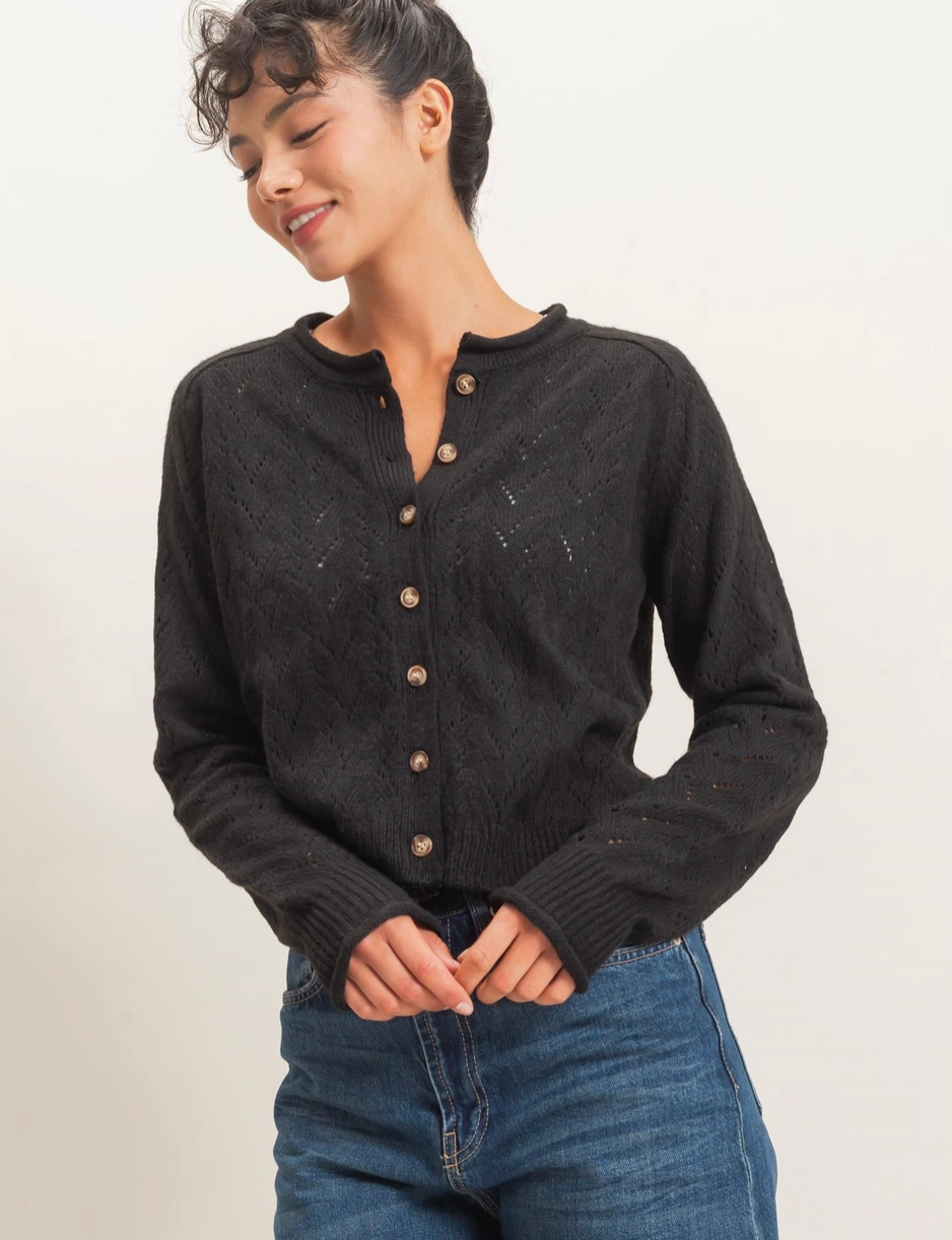 Pointelle Knit Button Front Cardigan-Black