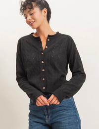 Pointelle Knit Button Front Cardigan-Black