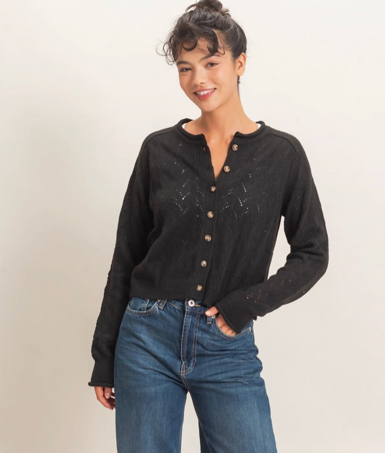 Pointelle Knit Button Front Cardigan-Black
