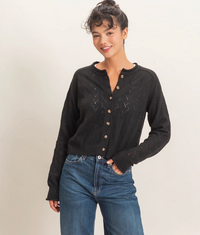 Pointelle Knit Button Front Cardigan-Black