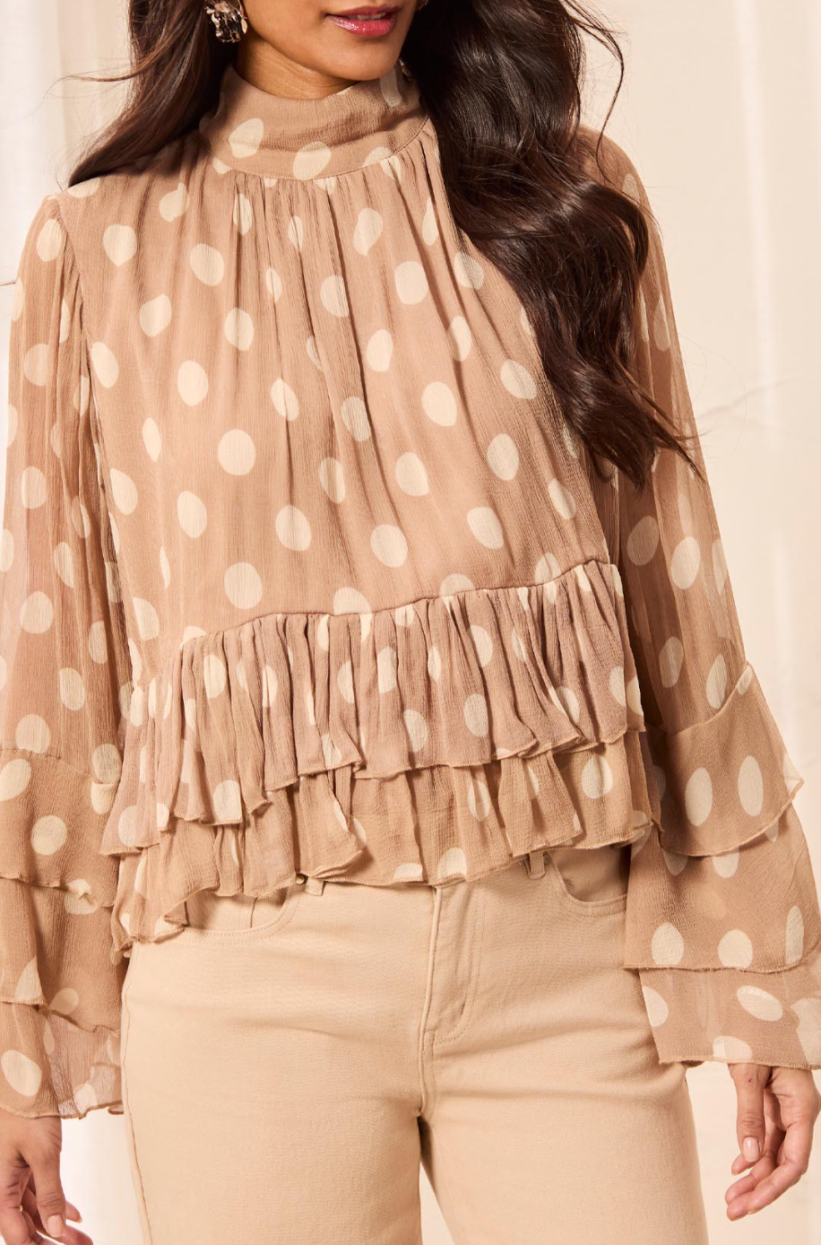 Tribal Mock Neck Peplum Blouse w/Frill