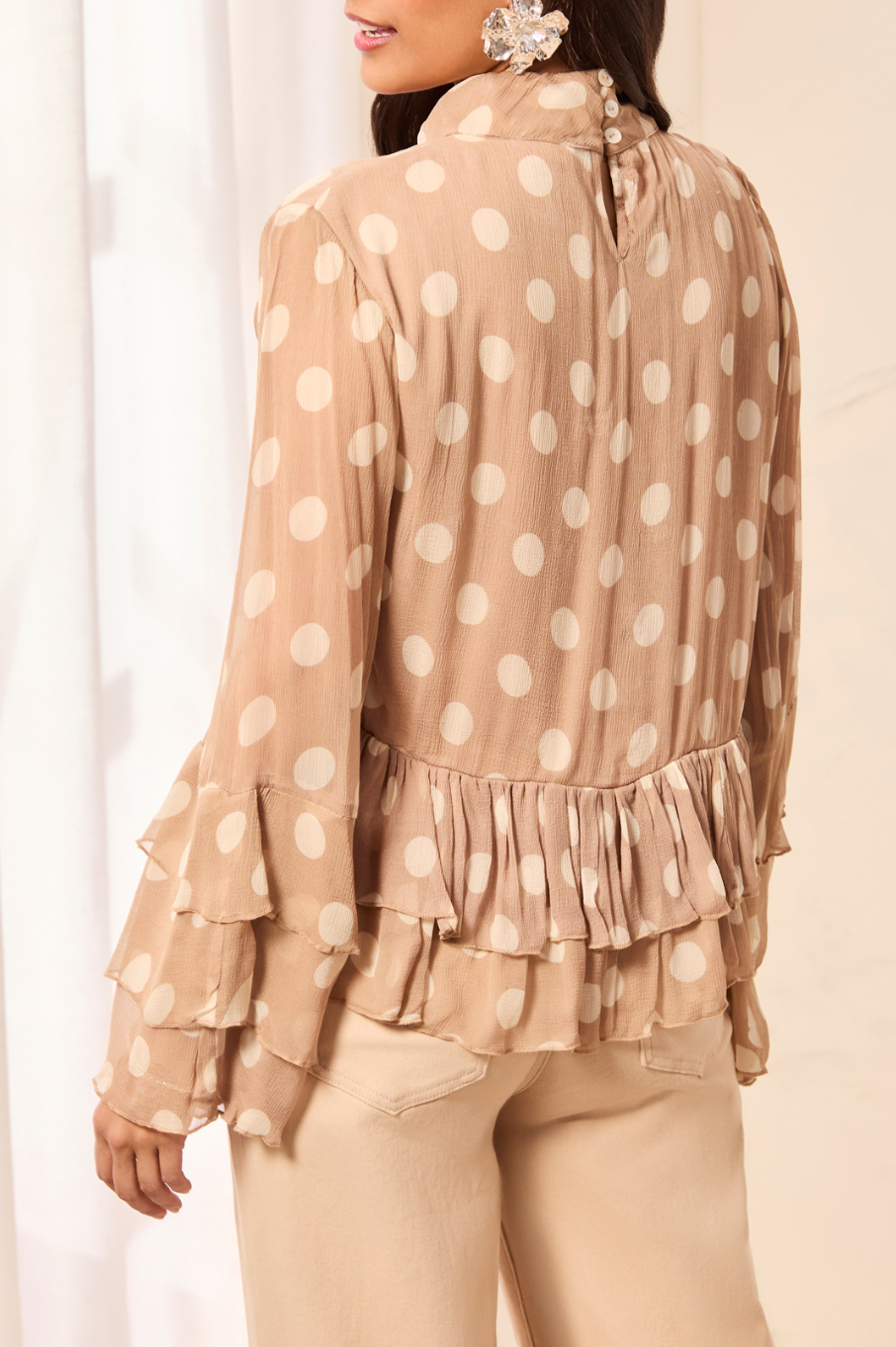 Tribal Mock Neck Peplum Blouse w/Frill