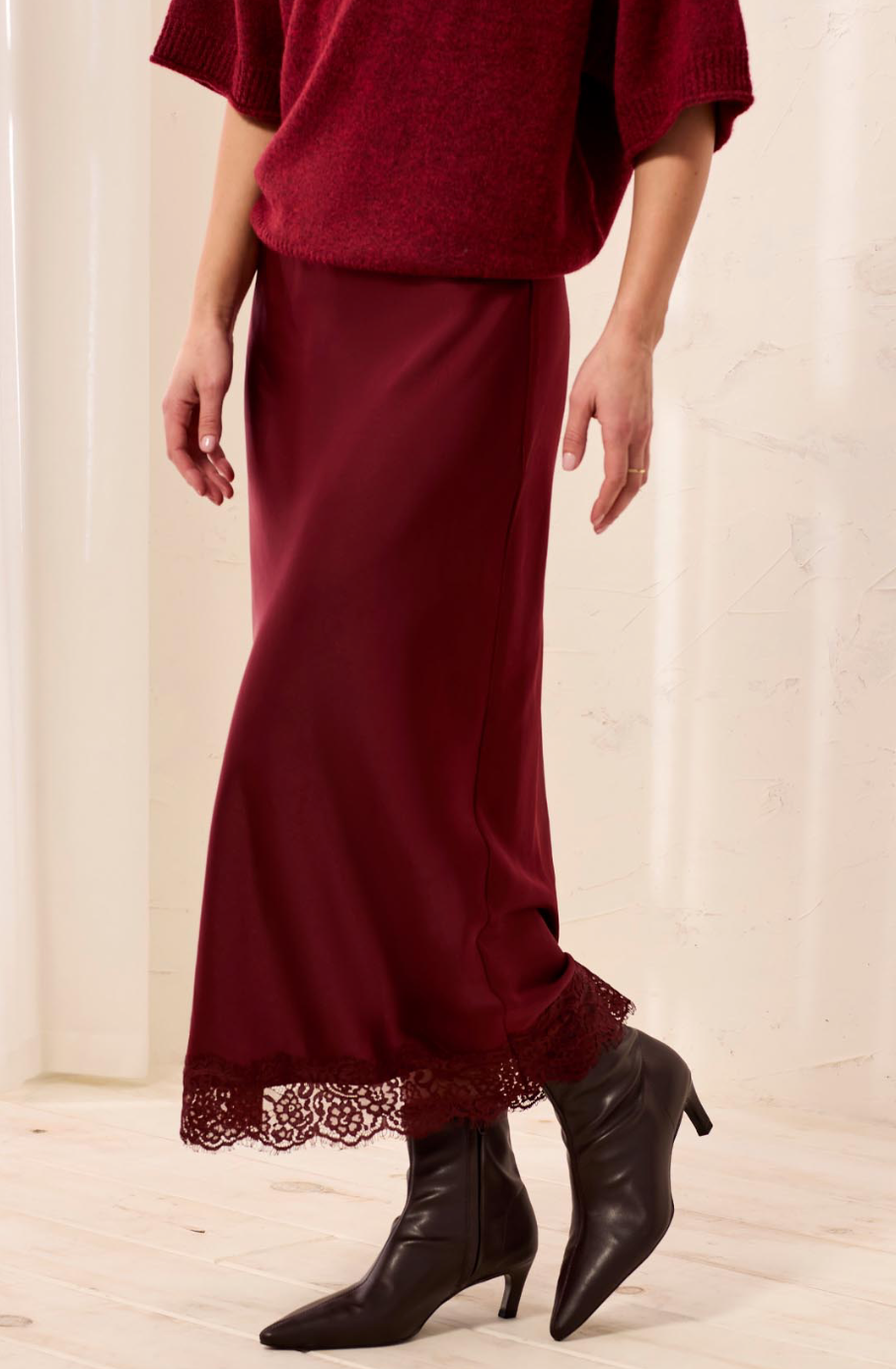Tribal Satin Skirt w/Lace Hem-Wine