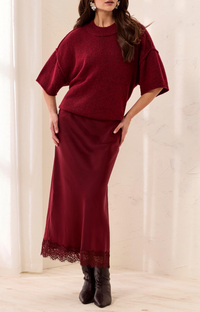 Tribal Satin Skirt w/Lace Hem-Wine