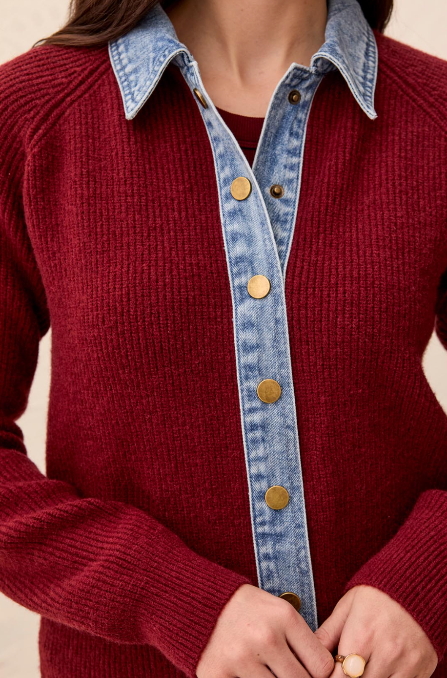 Tribal  Sweater w/Denim Trim