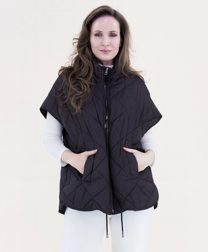 Quilted Short-Sleeve Zip-Up Cape/Vest-Black