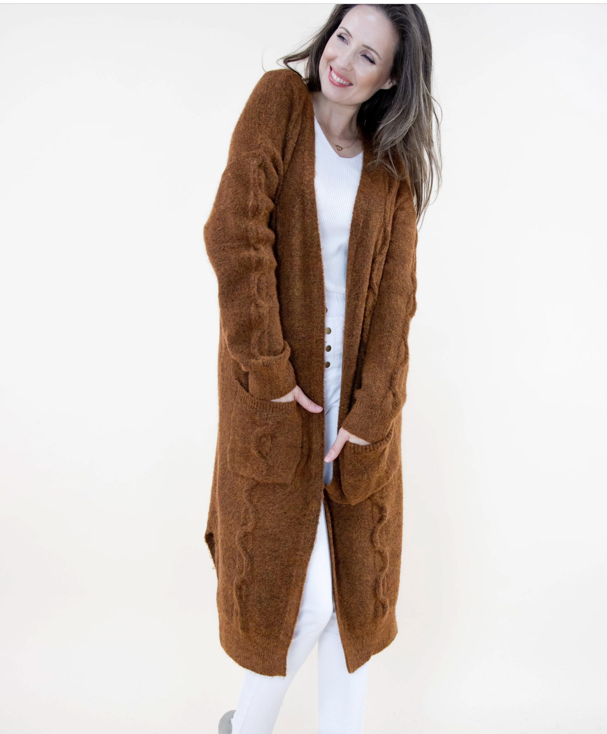 Long Chunky Knit Cardigan-Camel
