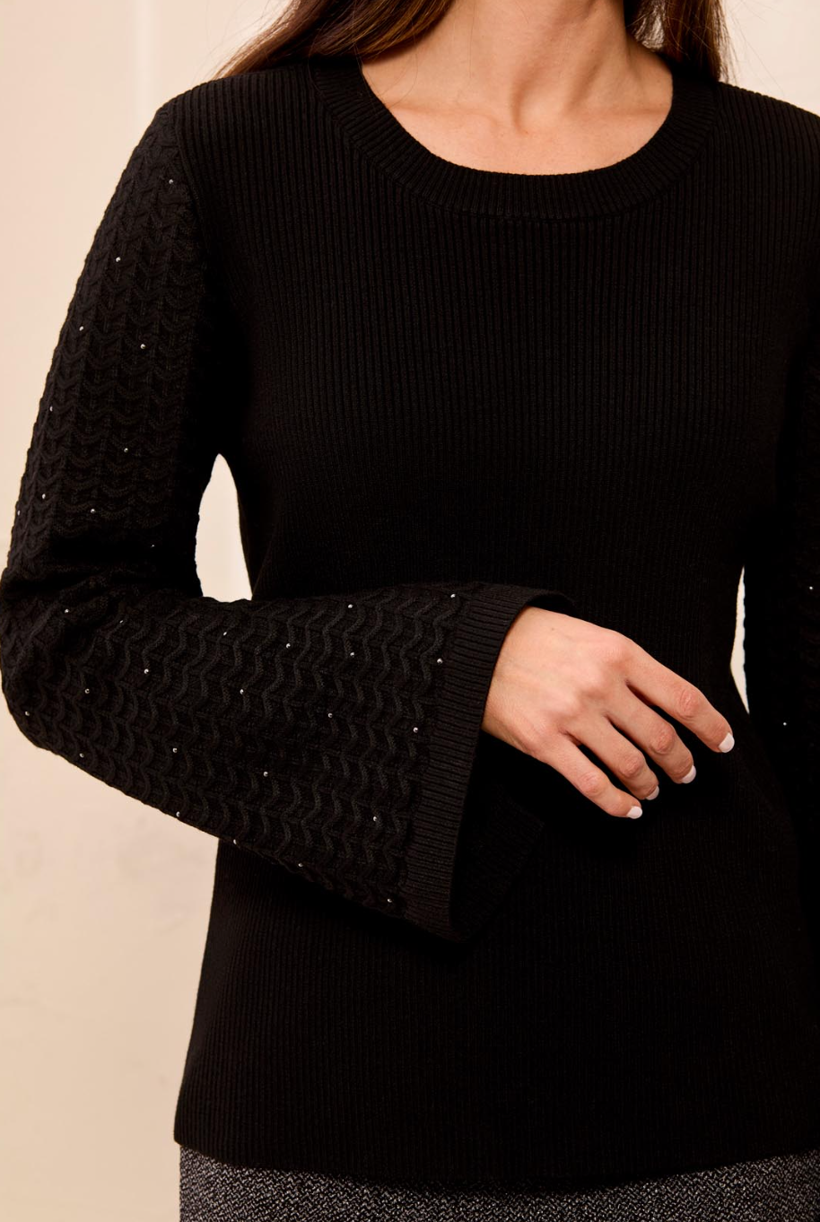 Tribal Sweater w/Stud Sleeves-Black