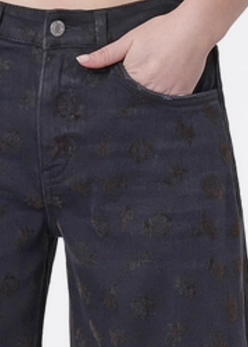 Black Floral Flocked Barrel Jeans