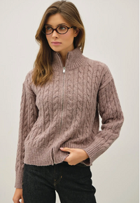 Zip Up Cable Knit Sweater-Cocoa