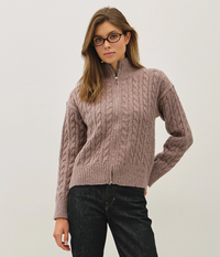 Zip Up Cable Knit Sweater-Cocoa