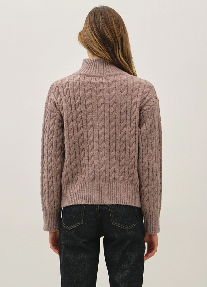 Zip Up Cable Knit Sweater-Cocoa