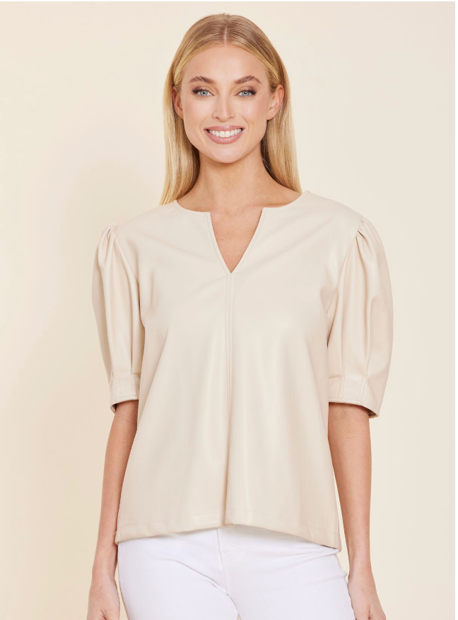 Faux Leather V Neck Top-Ivory