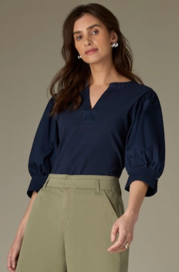 Puff Sleeve Mixed Media Top -Navy