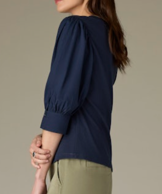 Puff Sleeve Mixed Media Top -Navy