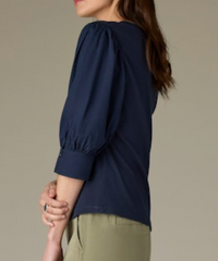 Puff Sleeve Mixed Media Top -Navy