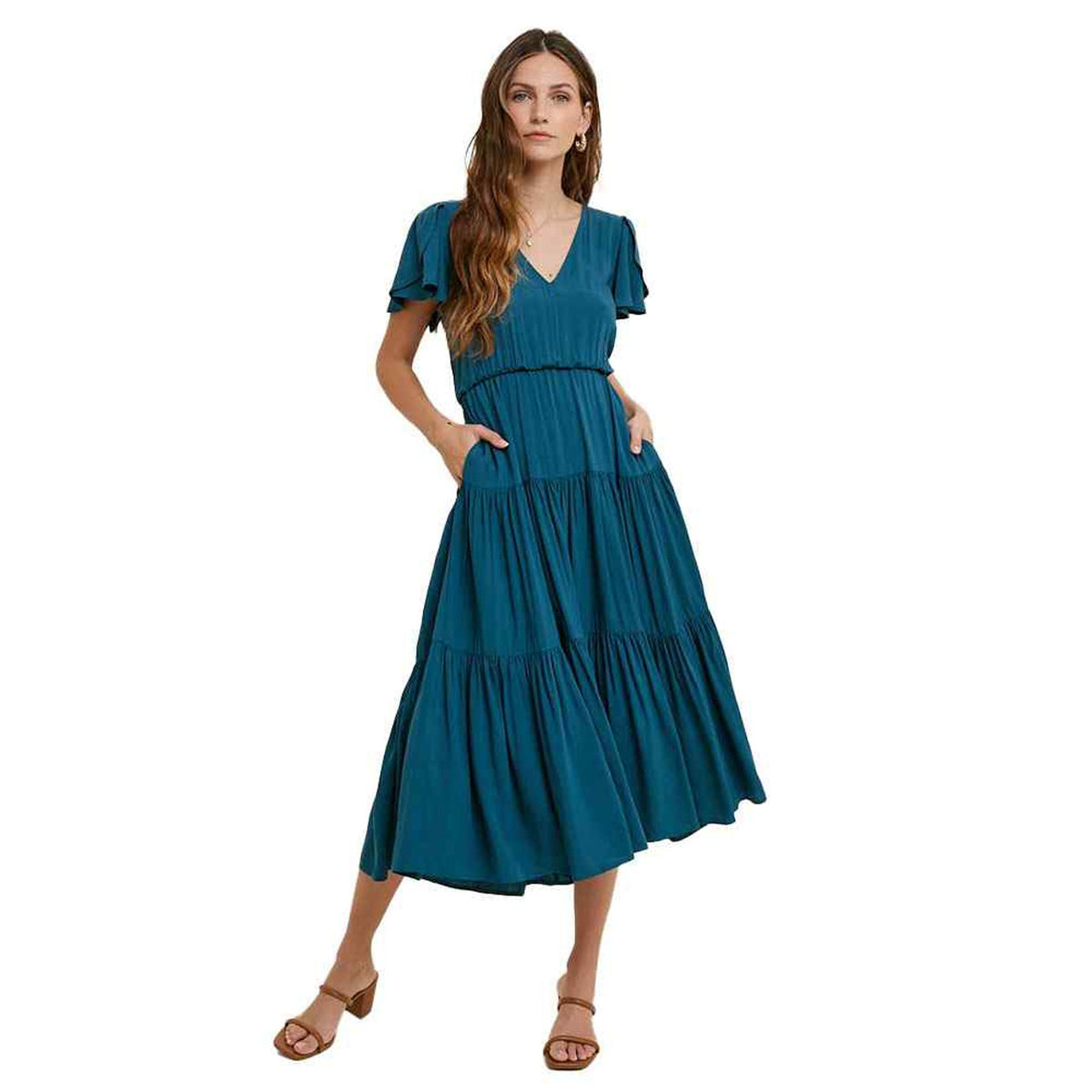 Wishlist Tiered Midi Dress with Flutter Sleeve-Teal Style Niche Boutique Wishlist Tiered Midi Dress with Flutter Sleeve-Teal Style Niche Boutique
