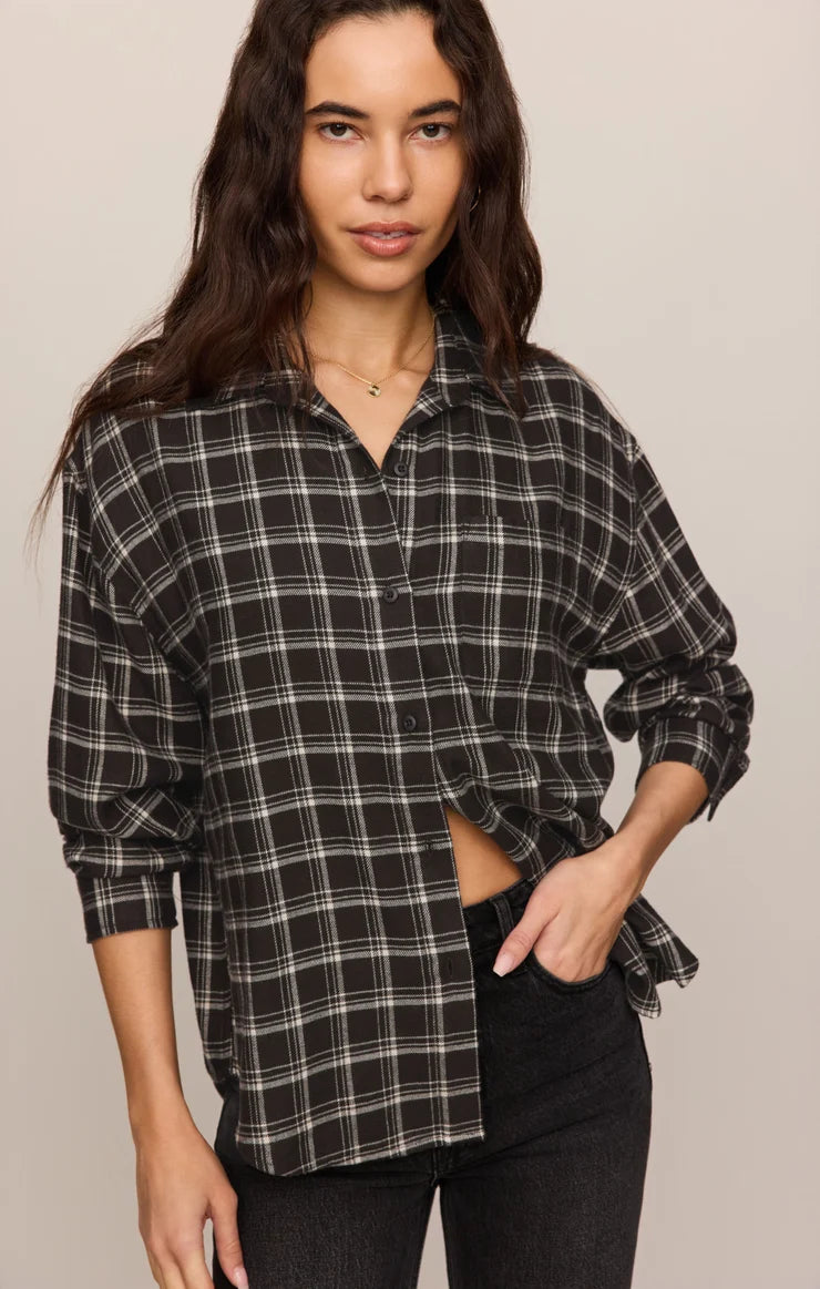River Plaid Button up Flannel -Ash Black