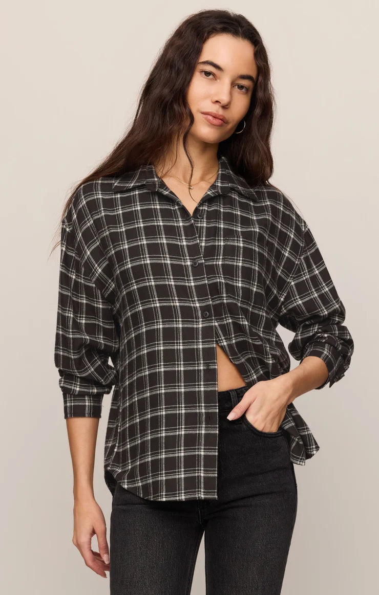 River Plaid Button up Flannel -Ash Black
