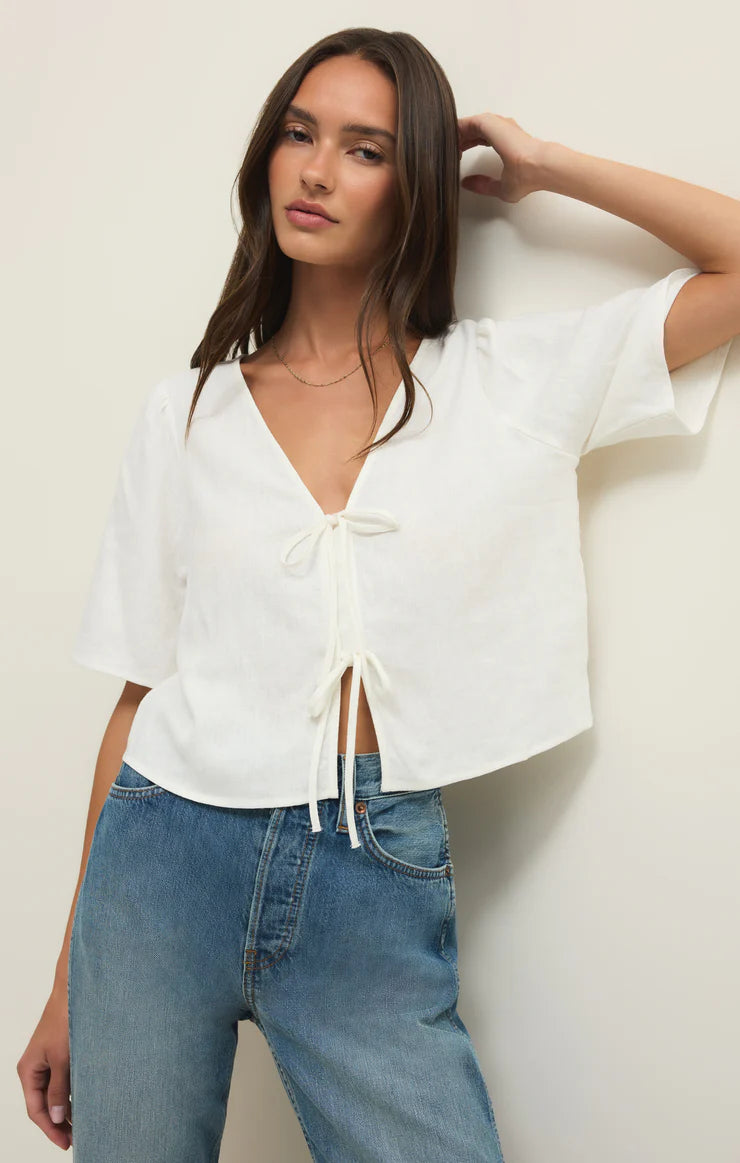 La Belle Linen Cropped Top-White