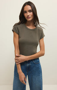 Renae Rib Short Sleeve Top-Khaki Green