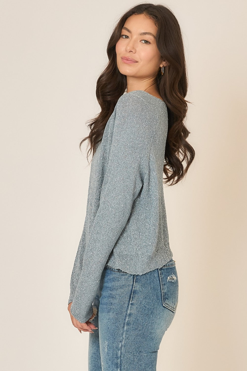 Light Knit Melange Boat Neck Sweater