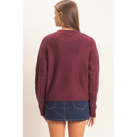 Cable Knit Crew Neck Sweater-Dark Cherry