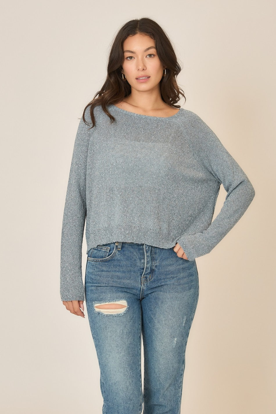 Light Knit Melange Boat Neck Sweater