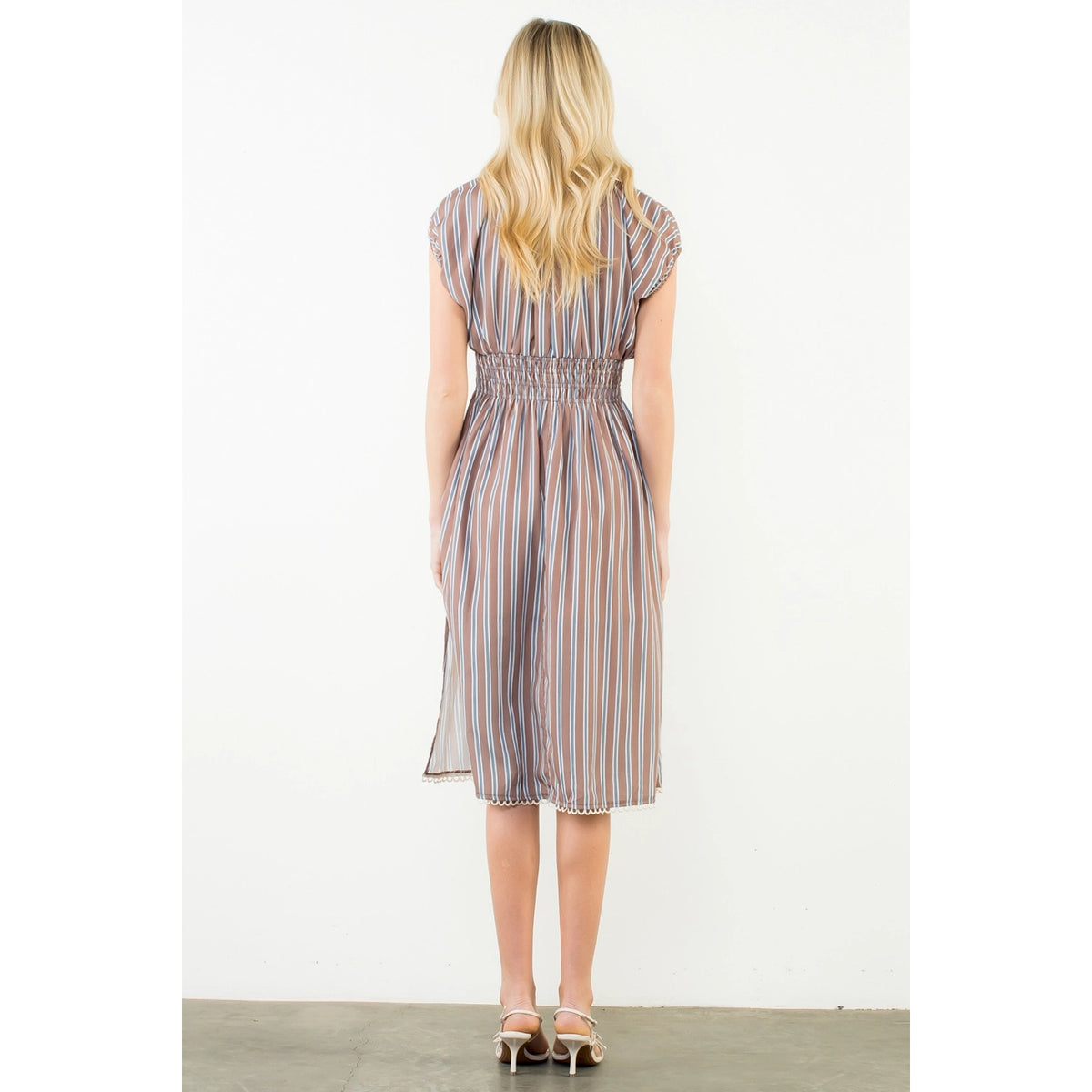 Striped Smocked Waist Short Sleeve Dress-Brown