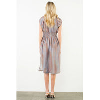 Striped Smocked Waist Short Sleeve Dress-Brown
