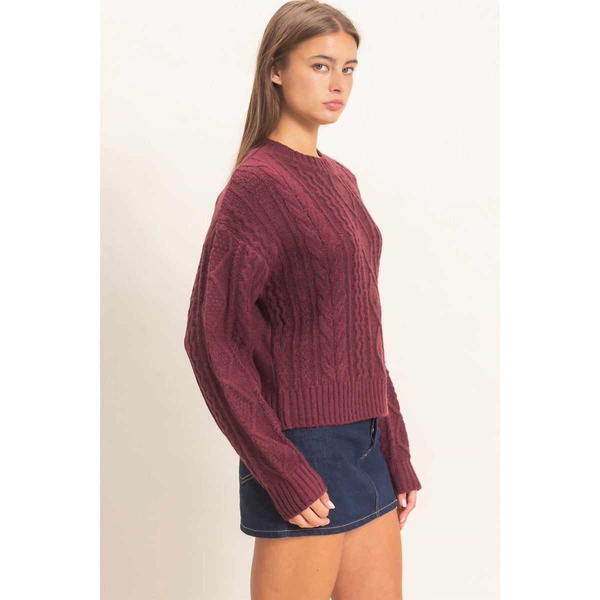 Cable Knit Crew Neck Sweater-Dark Cherry