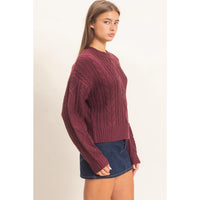 Cable Knit Crew Neck Sweater-Dark Cherry