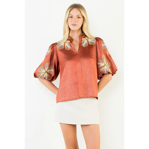 Shiny Floral Embroidered Top-Rust