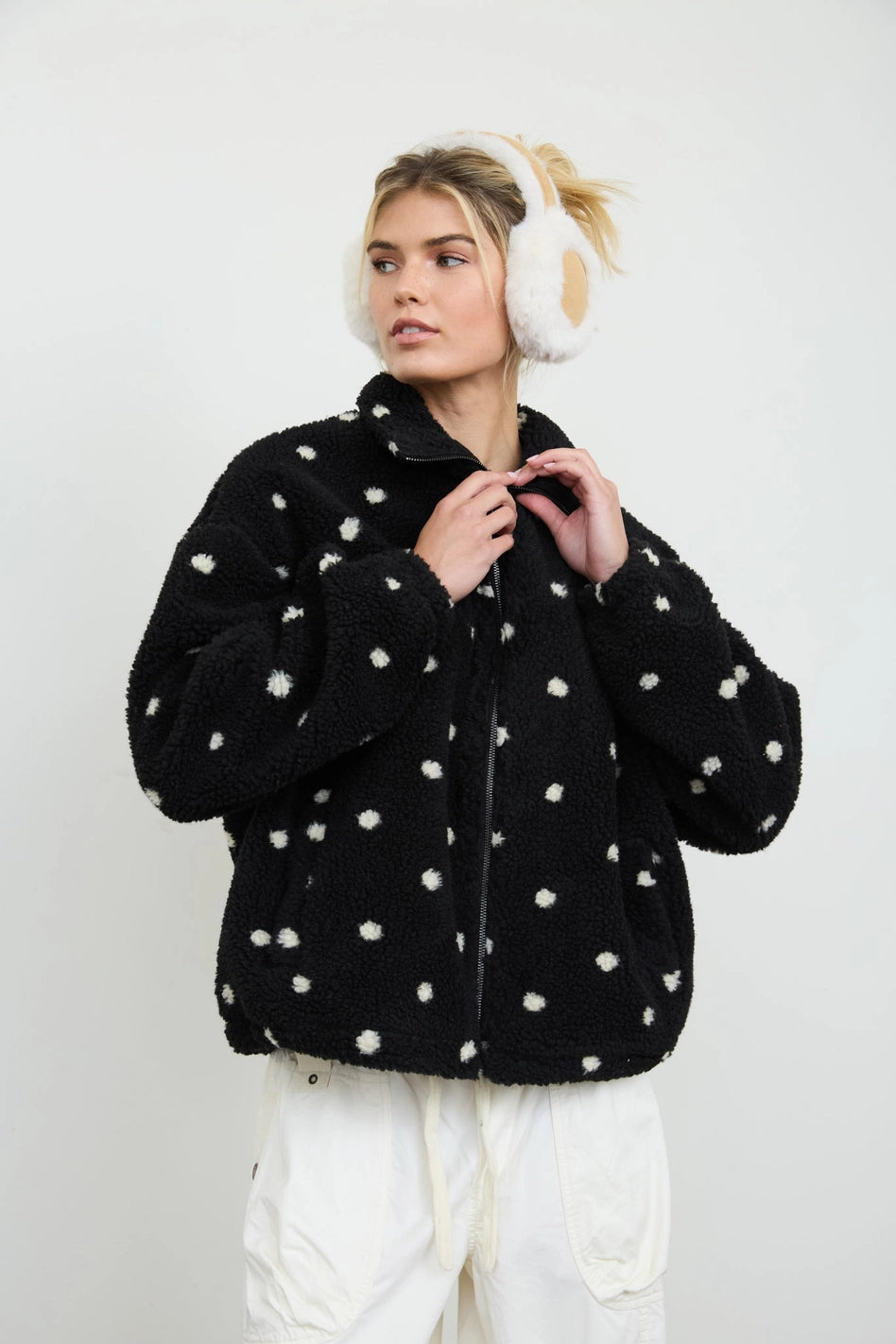 Polka Dot Sherpa Zip-Up Jacket