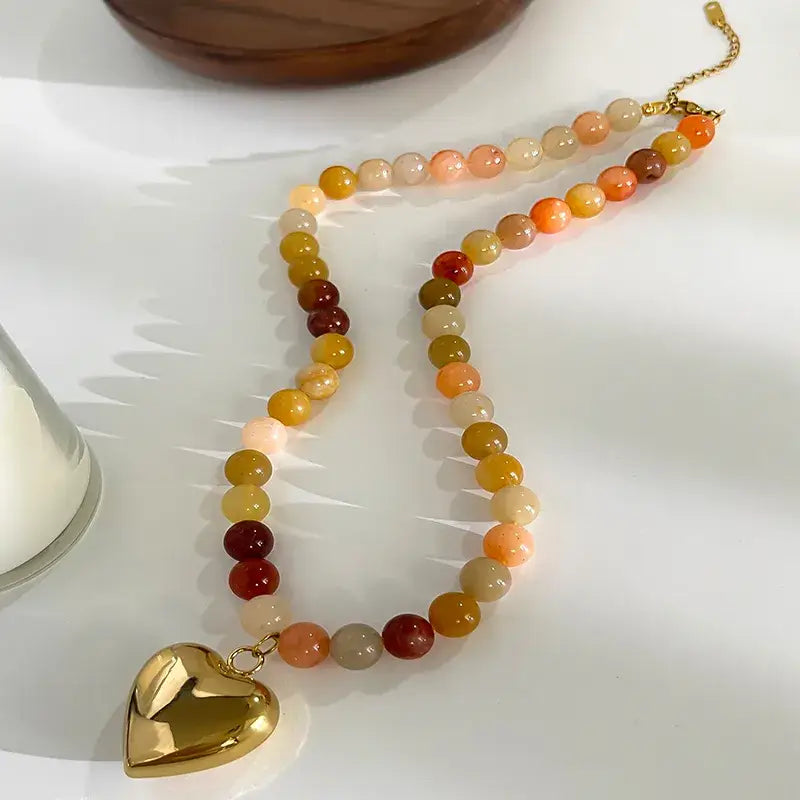 Stone Beaded Necklace with Heart Pendant